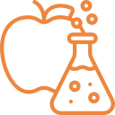 An orange beaker on an apple.