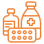 An orange icon of a medicine bottle and a bottle of medicine for home use.